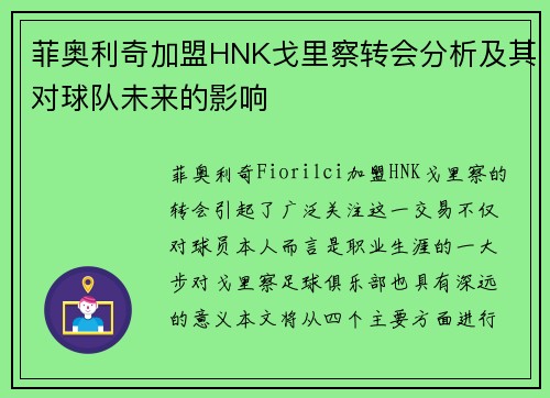 菲奥利奇加盟HNK戈里察转会分析及其对球队未来的影响